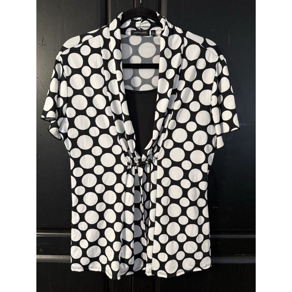 Notations Black White Polka Dot V-Neck Short Sleeve Knit Stretch Blouse L